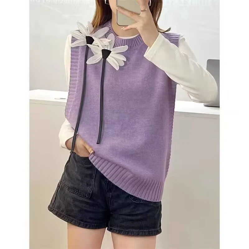 立体花朵圆领针织马甲秋季新款百搭洋气宽松时尚毛衣背心J497