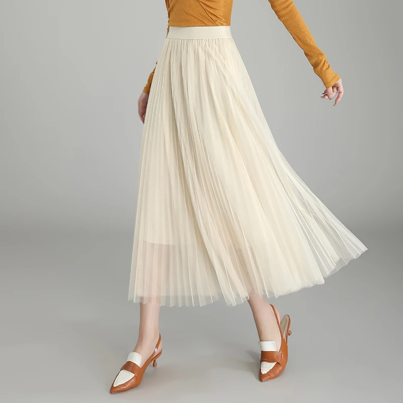 纯色百搭A字中长款裙子半身裙高腰显瘦百褶裙垂感网纱裙半裙时尚