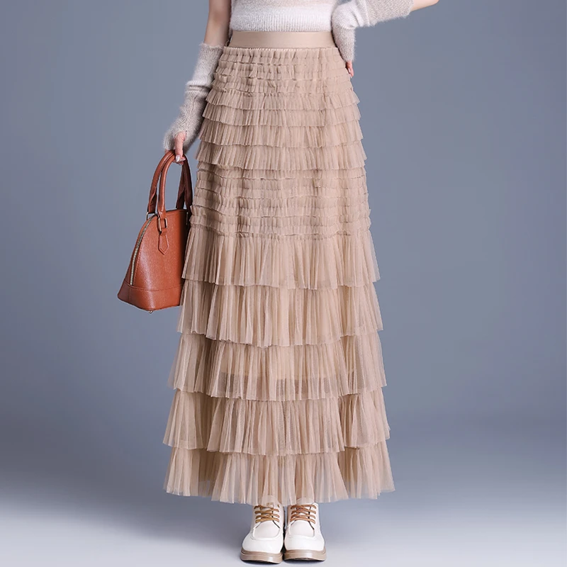 仙气重工网纱蛋糕裙半身裙女夏季长款及踝设计感小众显瘦大摆长裙