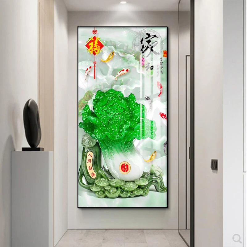 白财如意人兴财旺玄关走廊有框客厅装饰画墙面立体高档玄关晶瓷画