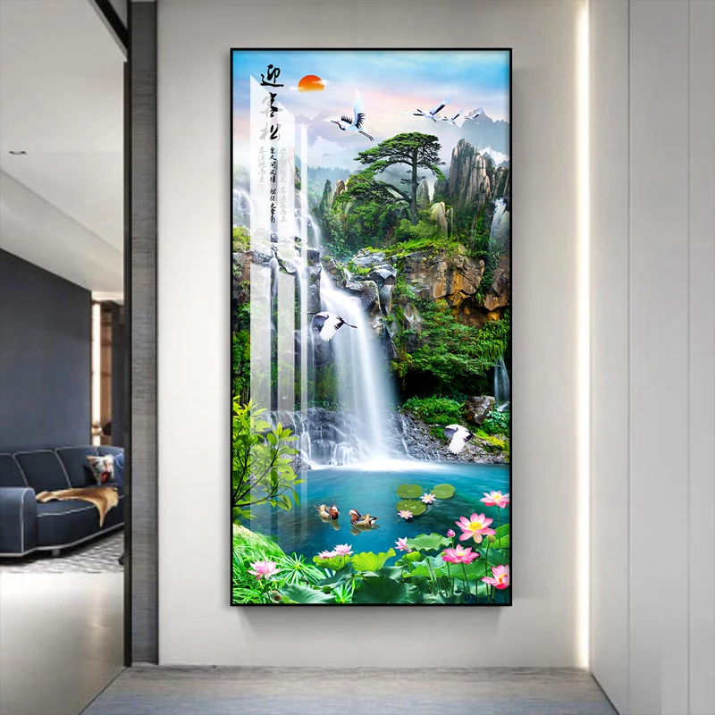 中式山水画玄关走廊有框客厅装饰画墙面立体高档玄关高端晶瓷画