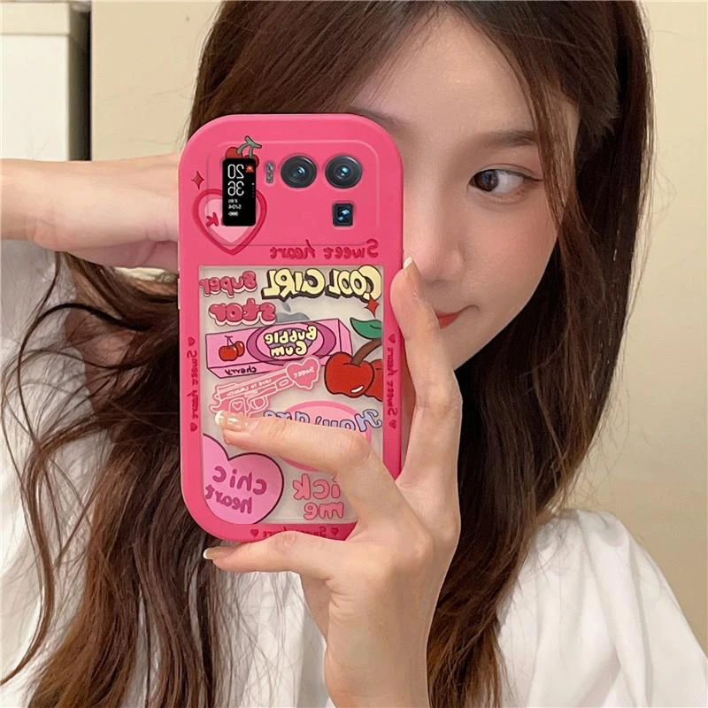 小米11ultra手机壳网红潮牌日韩ins少女粉色爱心樱桃透明全包防摔