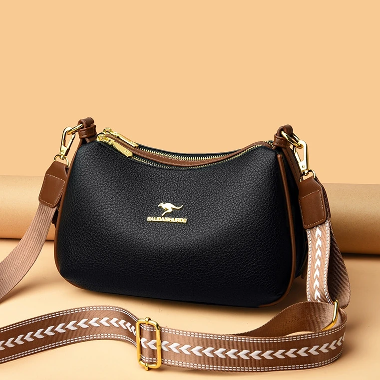 芭藜袋鼠真皮女包新款时尚单肩包宽肩带时尚大容量手提斜挎小包