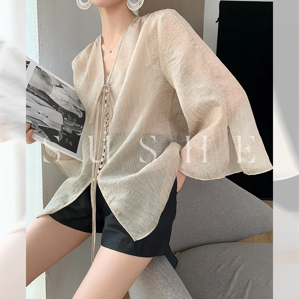 束皙/SUSHE 仙气氛围感新中式喇叭袖上衣外搭V领防晒开衫外套女夏