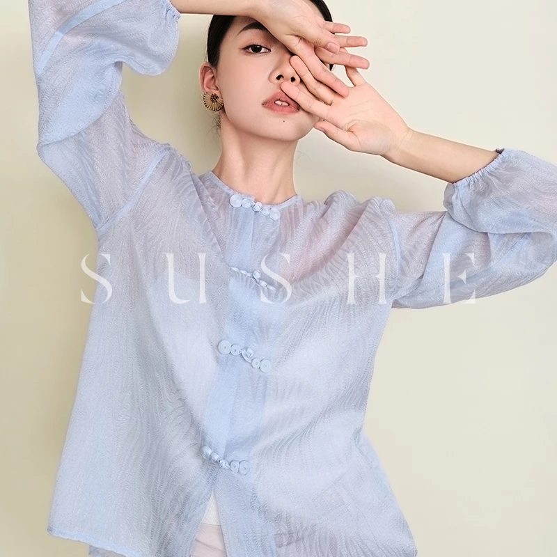 束皙/SUSHE 夏季定制民国风盘扣后背镂空长袖圆领防晒开衫女薄款