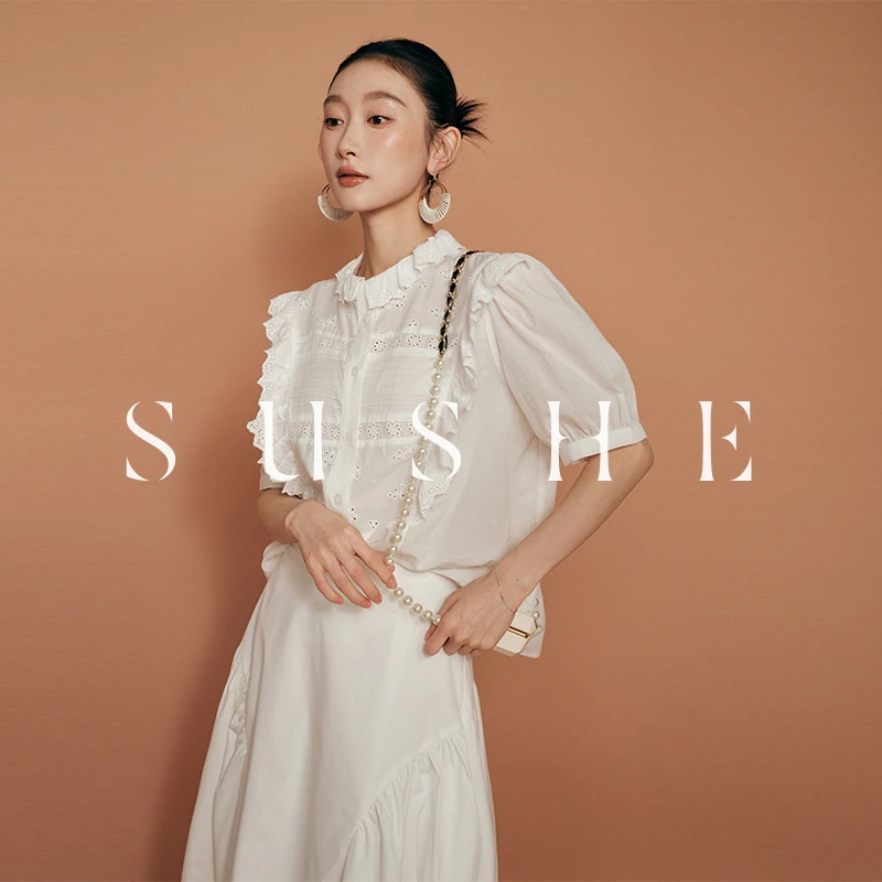 束皙/SUSHE 浪漫夏花水溶绣花宫廷风装饰花边泡泡袖短款女士衬衫