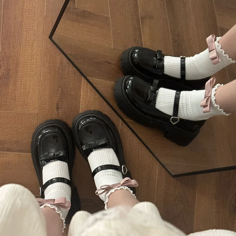 玛丽珍鞋女2024春夏季新款学院风粗跟厚底浅口单鞋蝴蝶结JK小皮鞋