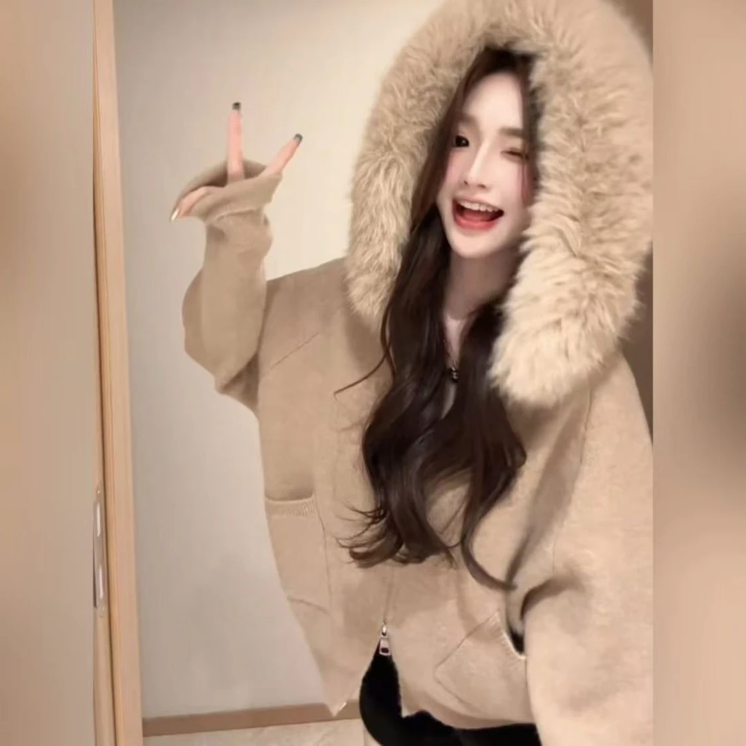 拉链连帽毛领针织开衫长袖秋冬时尚新款加厚毛衣外套上衣宽松百搭