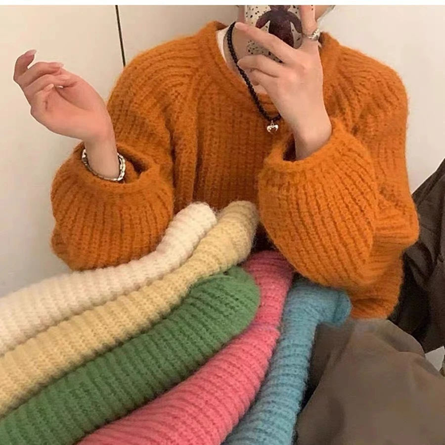 慵懒风软糯糖果色圆领毛衣女秋冬日系宽松粗针加厚针织衫套头上衣