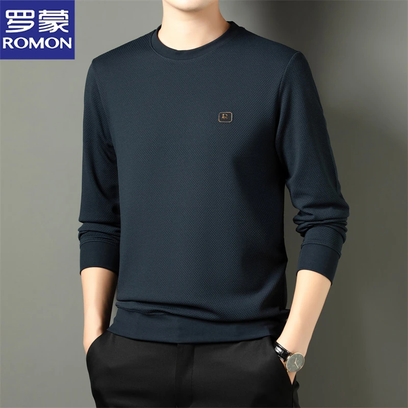 罗蒙男士卫衣春秋季圆领华夫格上衣潮牌休闲宽松套头长袖男t恤