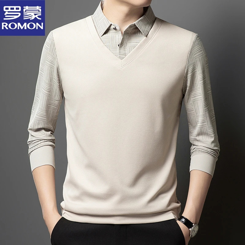罗蒙男士假两件衬衫领T恤春秋冬中年商务休闲宽松加绒加厚打底衫