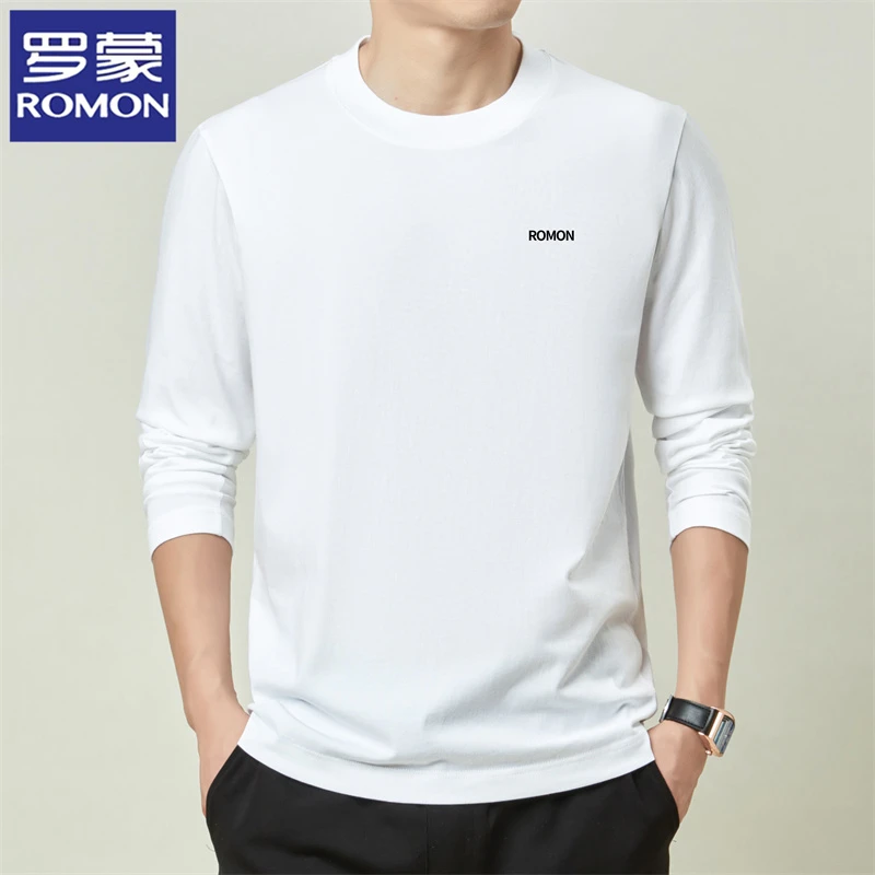 罗蒙纯棉长袖T恤男士春秋冬时尚百搭圆领打底衫加绒保暖品牌上衣