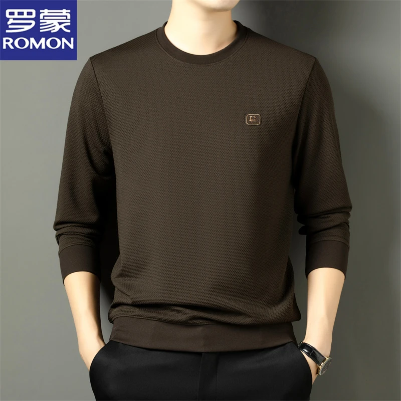 罗蒙春秋男士圆领潮流卫衣百搭长袖T恤华夫格时尚上衣休闲打底衫