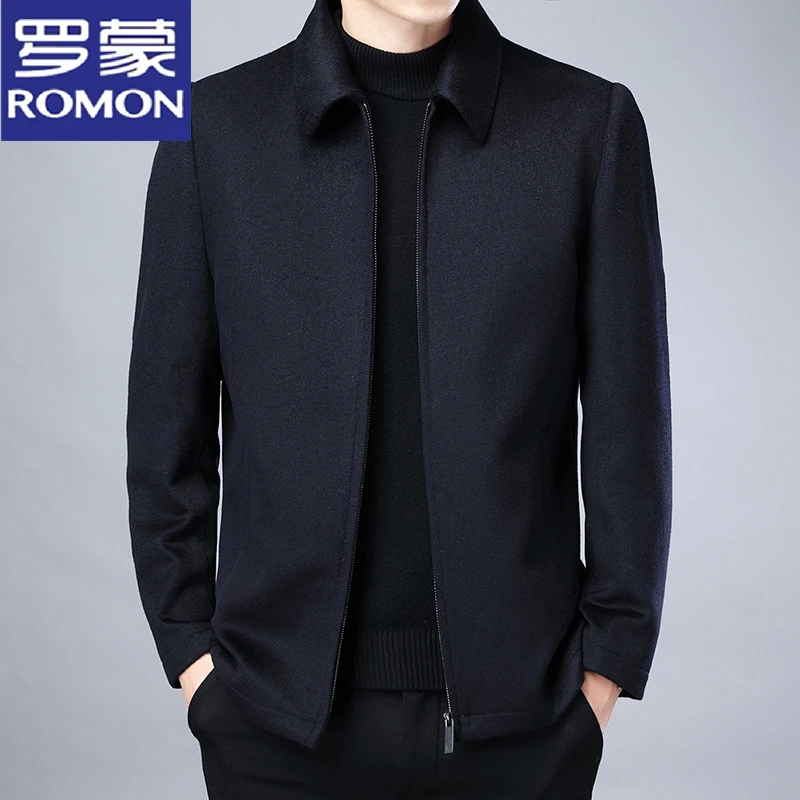 罗蒙羊毛呢外套男秋冬季新款男士翻领加厚大衣中年爸爸装妮子夹克