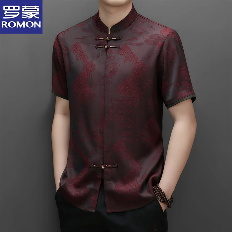 罗蒙高端含桑蚕丝唐装短袖t恤夏季中国风爸爸装婚宴礼服舒适衬衫