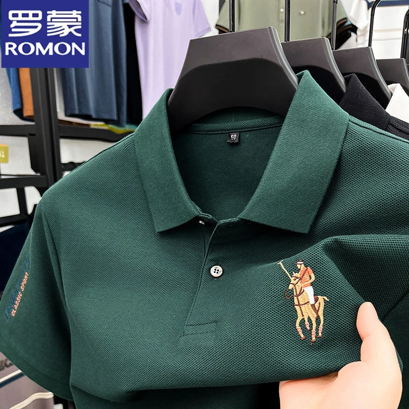 罗蒙纯棉短袖T恤男翻领新款高端商务POLO衫夏季新款爸爸装体恤衣