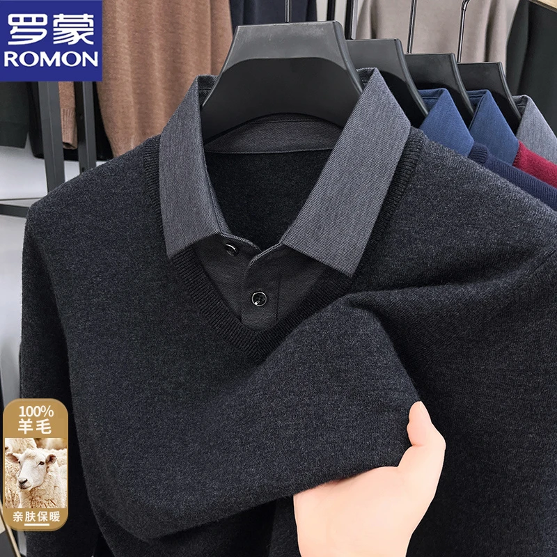 罗蒙男士100%羊毛衫假两件冬季加厚保暖衬衫领针织衫商务休闲毛衣