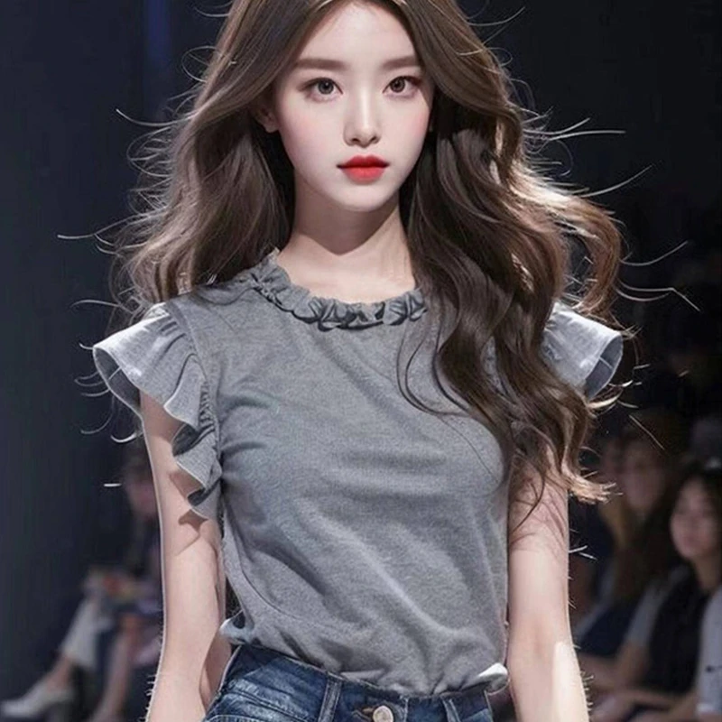 2024夏季chic上衣2024新款女装独特漂亮灰色花边领小飞袖短袖T恤