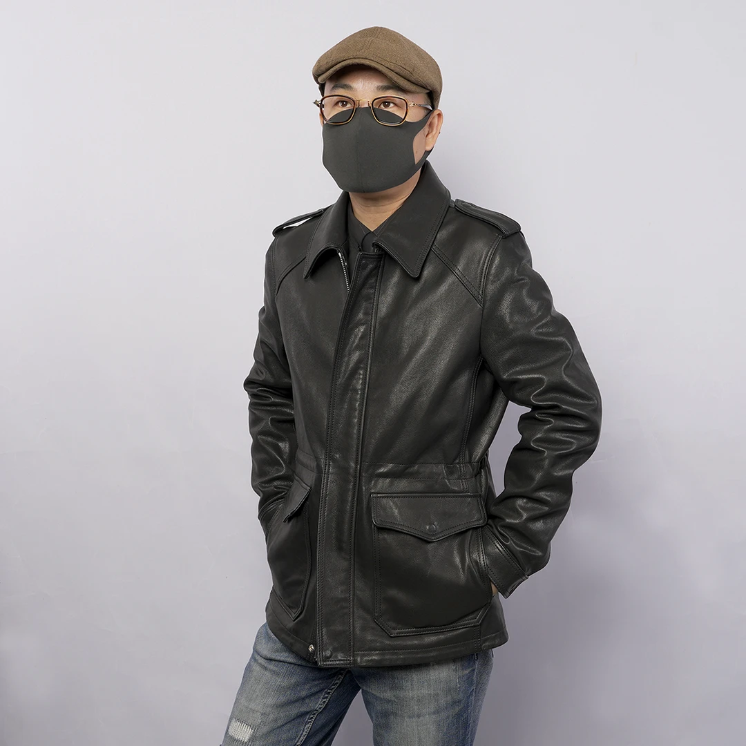 5C330男士百搭植鞣山羊皮中长款双门襟翻领真皮风衣复古秋冬皮衣