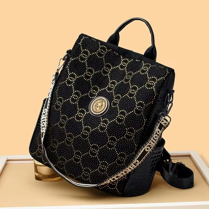 百搭便携双肩背包女士时尚精致贴钻手提单肩包包616黑色