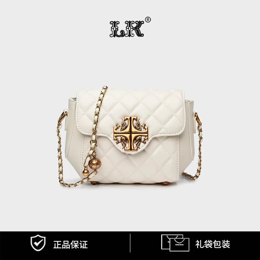 【袁媛设计师款】“2024菱格”经典潮流金球链条斜挎包包151白色