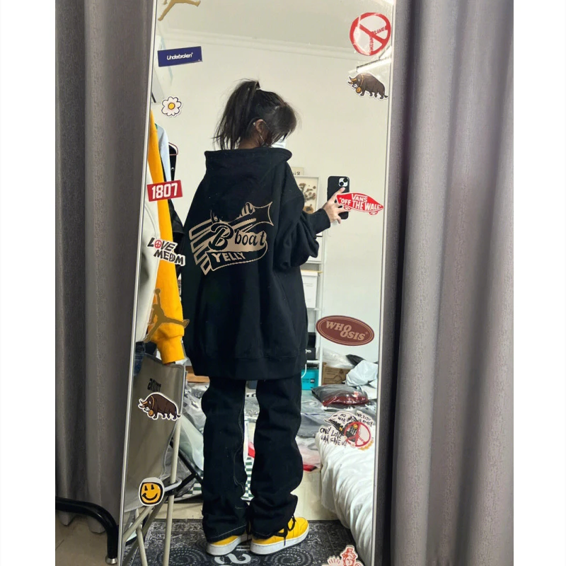 oversize美式潮牌连帽卫衣女2023春秋薄款宽松街头加厚绒外套上衣