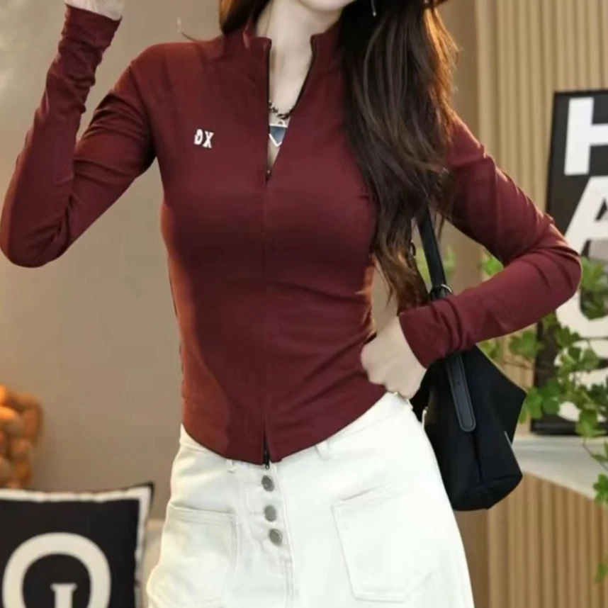 设计感修身双拉链长袖t恤女秋季2024新款时尚独特别致打底衫上衣