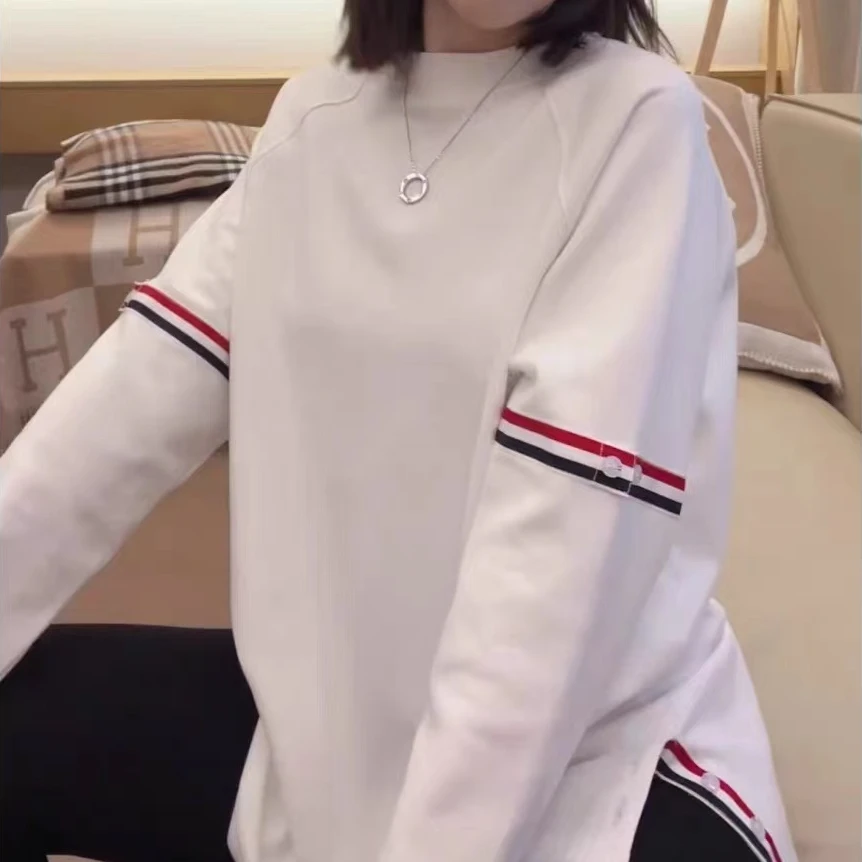 欧货拼色织带中长款T恤女2025早春新款宽松百搭显瘦下摆开叉体恤