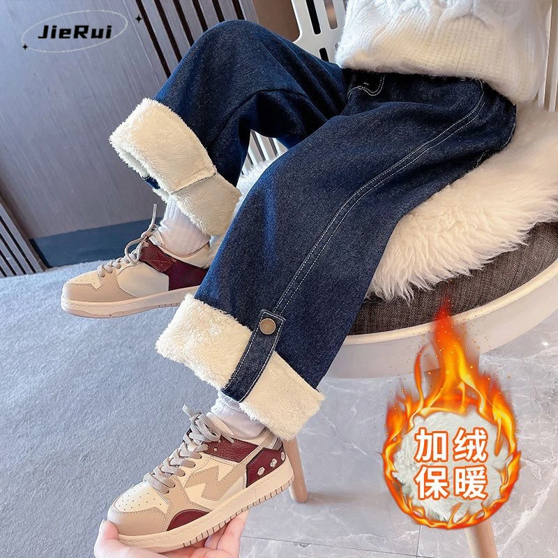 女童加绒牛仔裤秋冬季2023新款网红儿童装宝宝一体绒外穿冬装洋气
