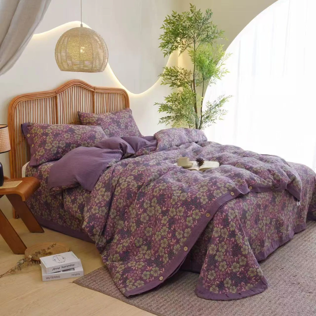 床盖款高端定制全棉三层纱四件套加厚保暖色织提花A类母婴级床品