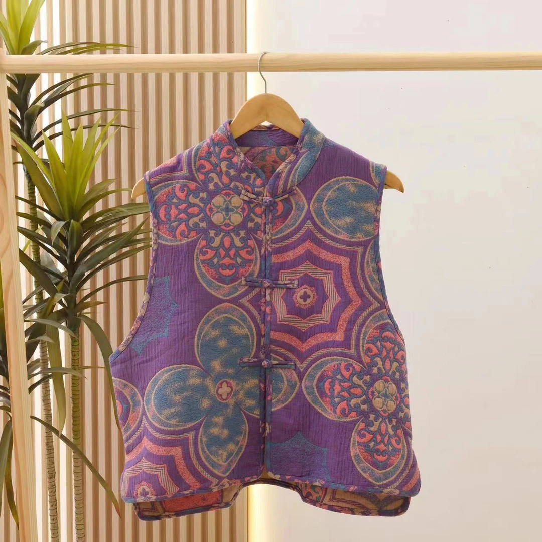 【醉美马甲】盘扣马甲时尚国风三层纱提花女棉马甲可外穿