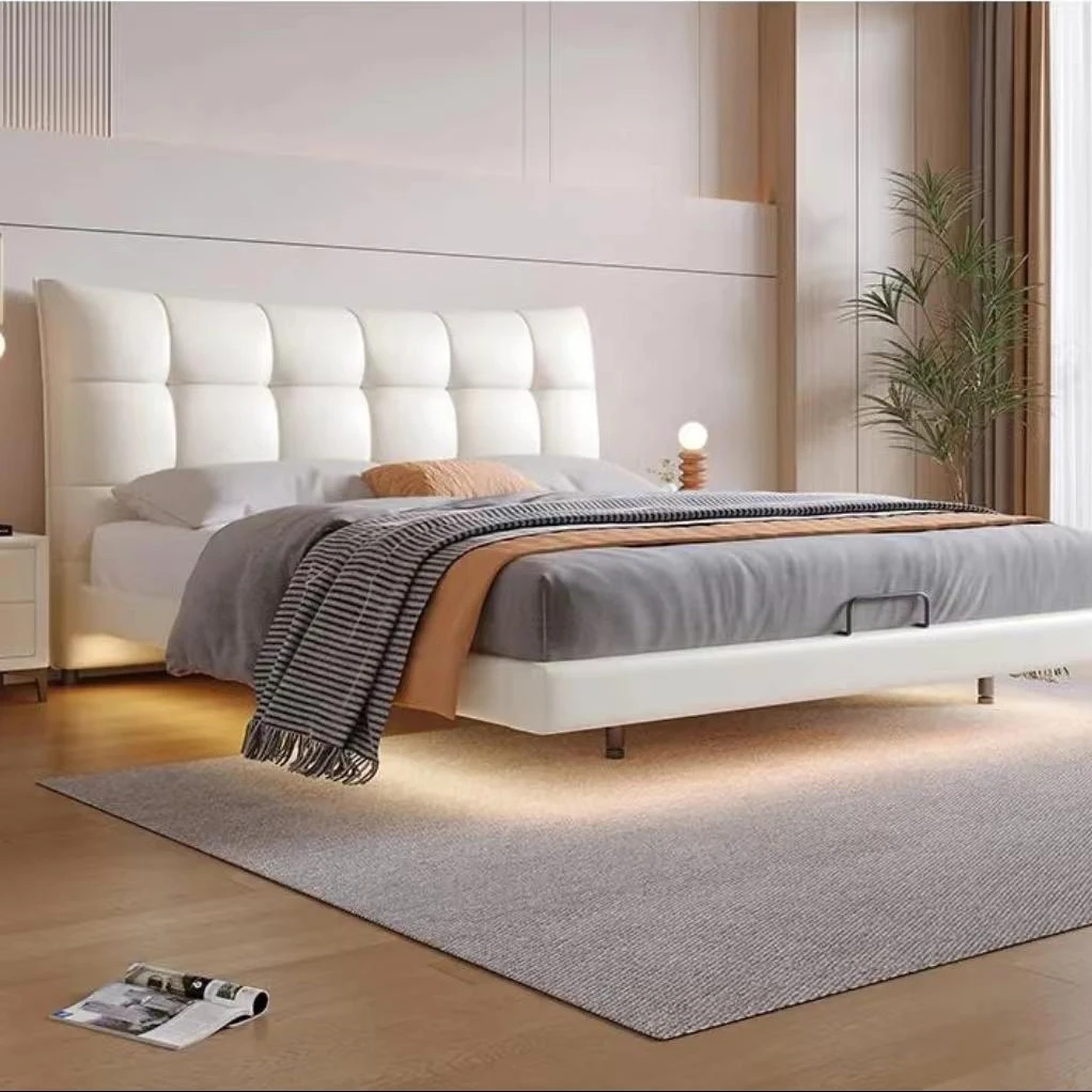 意式轻奢悬浮真皮床主卧床卧室床软包主卧大床现代简约悬空皮艺床