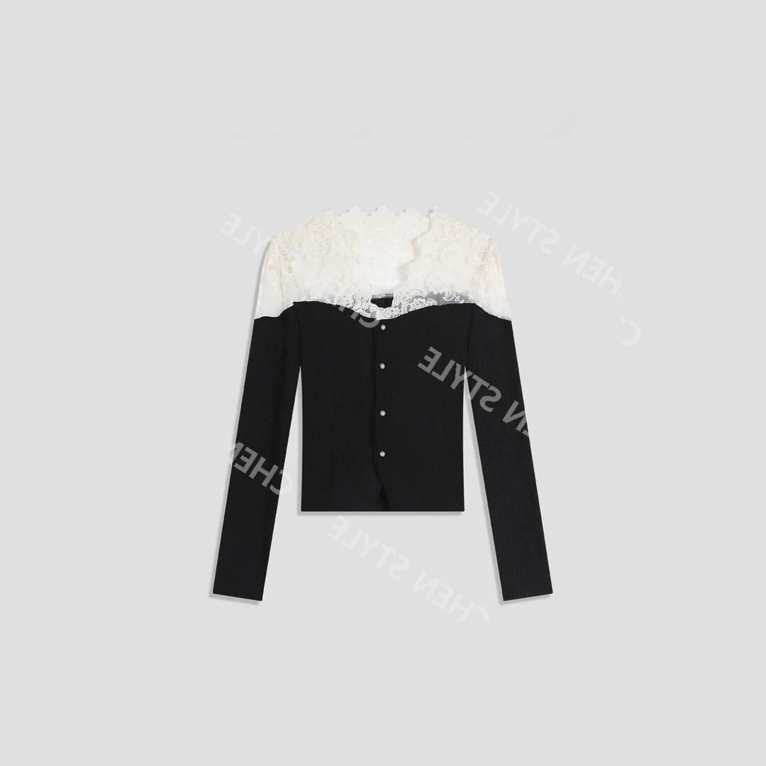 【法式风情】M800974法式V领钩花拼接针织上衣