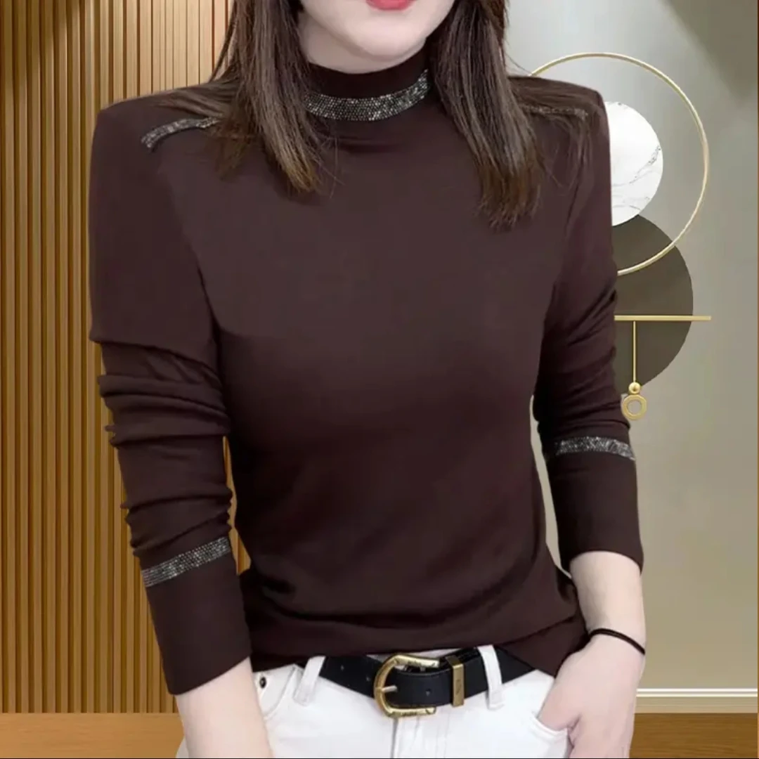 【优选】2024秋冬时尚洋气半高领双面绒保暖显瘦纯色女上衣长袖小衫