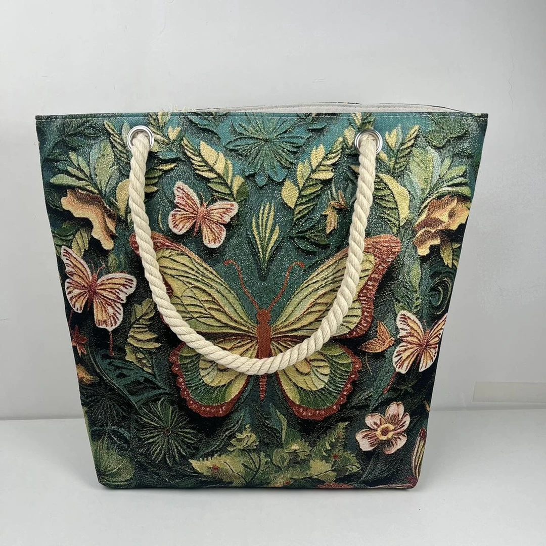 托特包双面印花民族风单肩压花绿色立体蝴蝶手提包复古时尚女士 A
