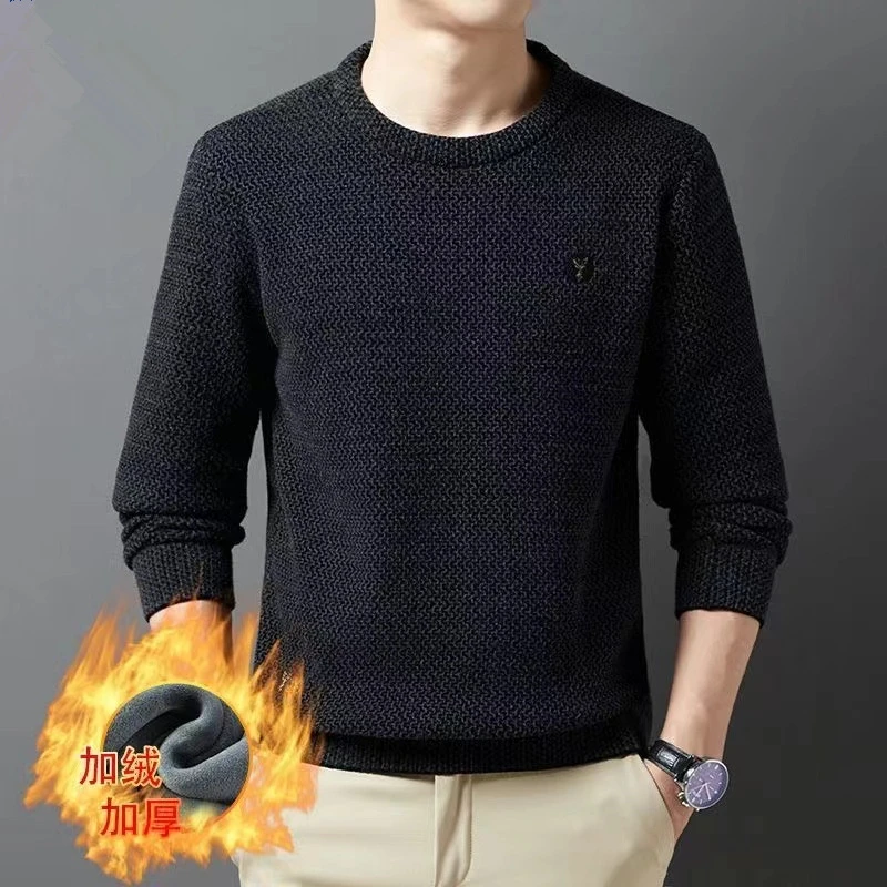 啄木鸟雪貂绒毛衣男款2023冬季加绒加厚圆领宽松男士纯色百搭保暖