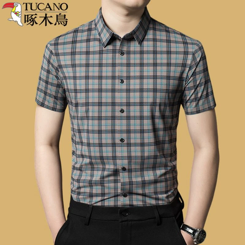 啄木鸟夏季丝条纹衬衫男短袖中青年休闲半袖格子衬衣上衣外穿