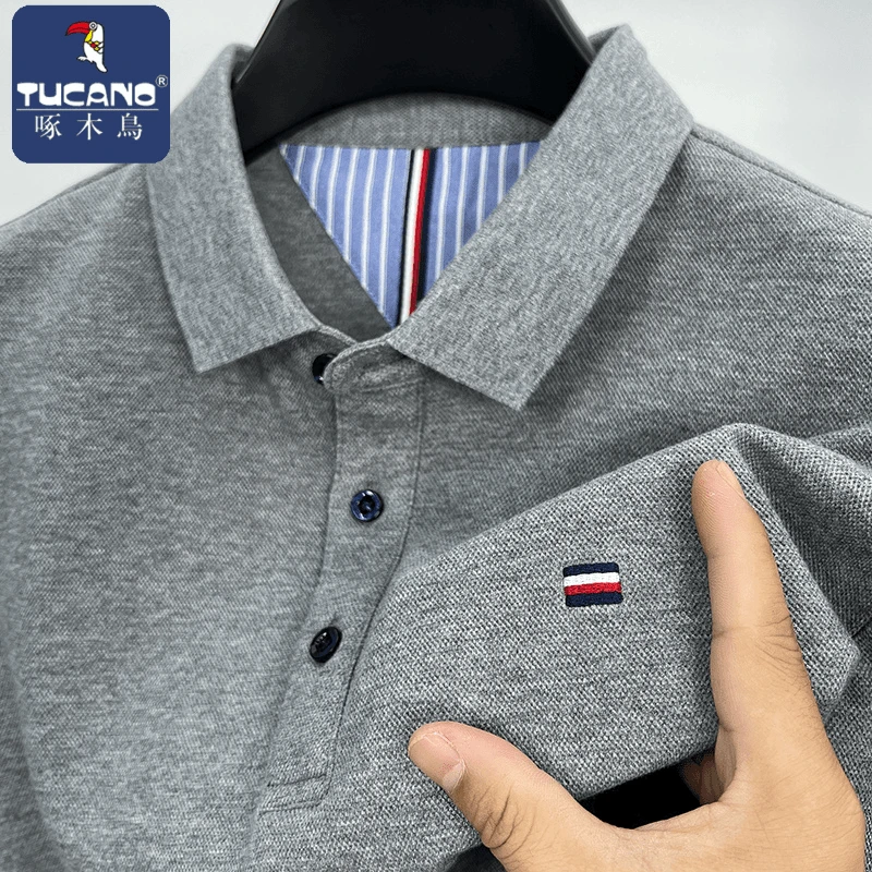 啄木鸟高端男装棉长袖t恤男夏季宽松透气翻领纯色商务polo衫上衣