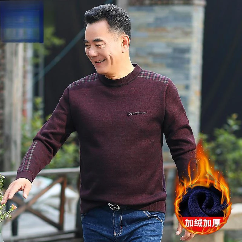 啄木鸟中老年男士加绒加厚圆领毛衣秋冬季中年套头保暖针织衫爸爸