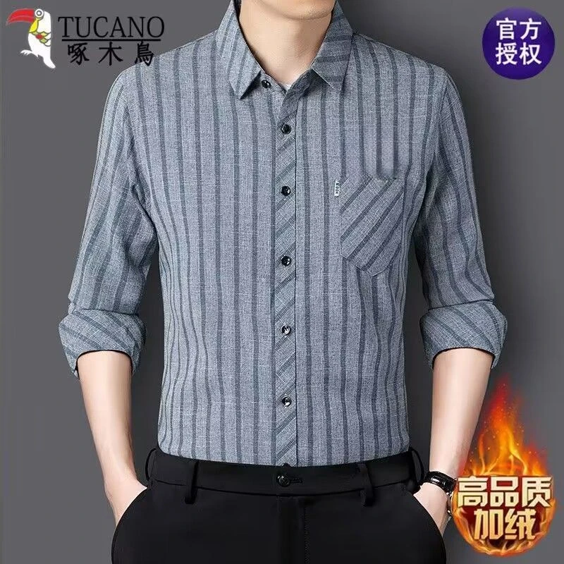 啄木鸟男士秋冬季长袖衬衫中青年加绒保暖大码休闲商务百搭衬衣潮