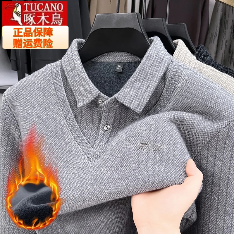 啄木鸟加绒加厚衬衫领男士翻领毛衣中老年休闲翻领保暖百搭打底衫
