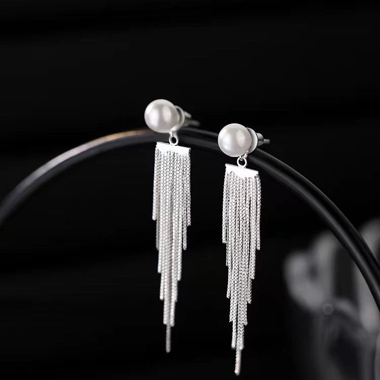 铜合金仿珍珠耳饰 超仙轻奢小众设计流苏长款珍珠耳环耳钉女2024