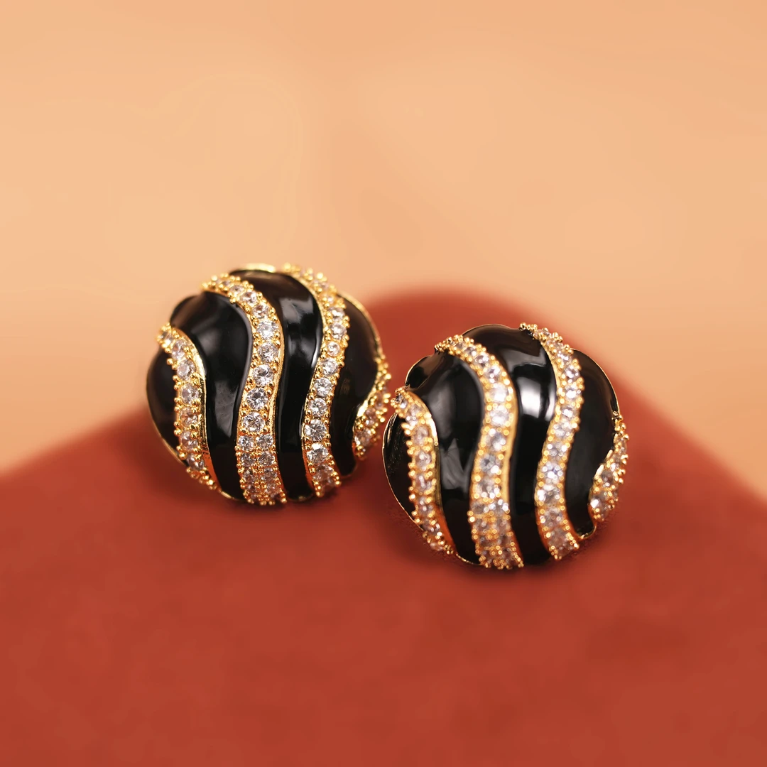 铜合金合成锆石耳饰 法式精致条纹耳钉女高级感轻奢洋气耳环