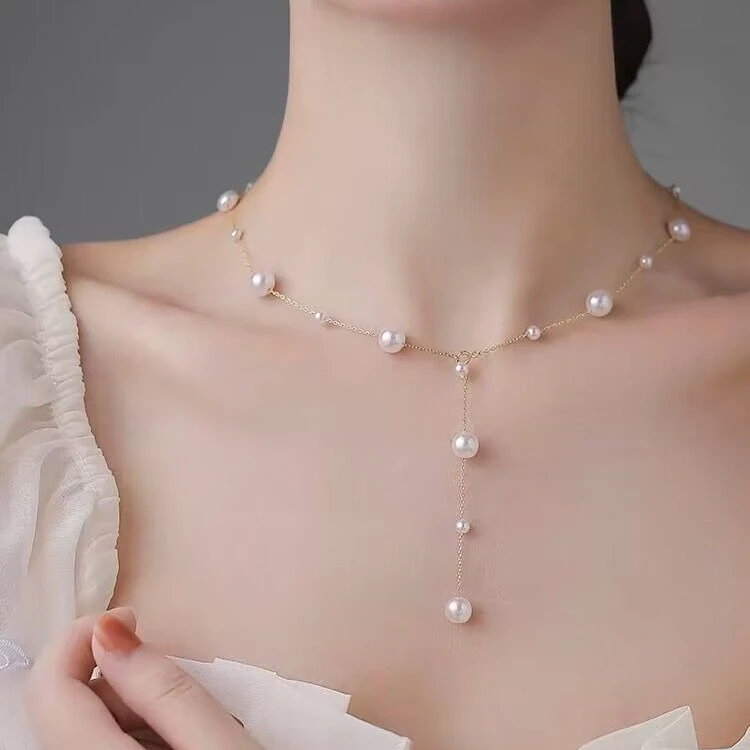 钛钢仿珍珠项链 浪漫满天星钛钢仿珍珠项链轻奢小众百搭吊坠项链