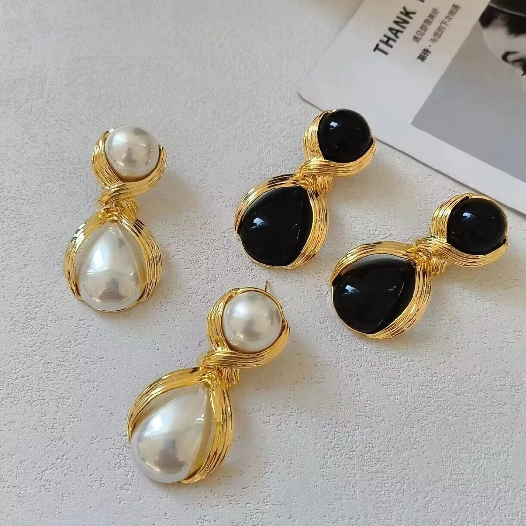 铜合金仿珍珠耳饰 水滴形耳钉轻奢夸张大珍珠欧美耳环女长款耳坠