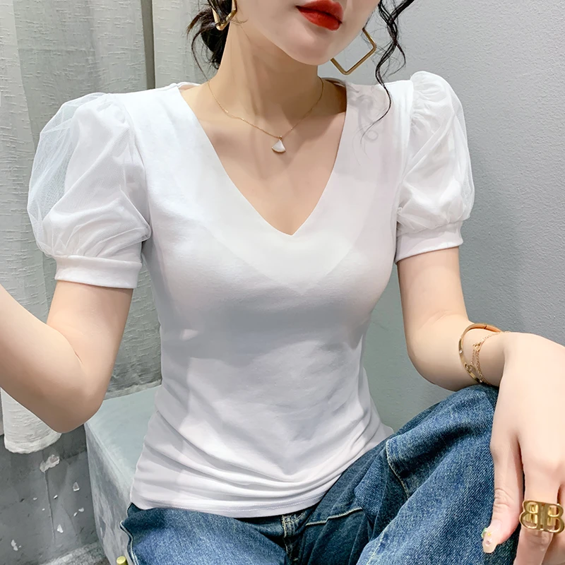 2023春装新款V领时尚修身皱褶泡泡短袖t恤女潮显瘦白色夏季小众