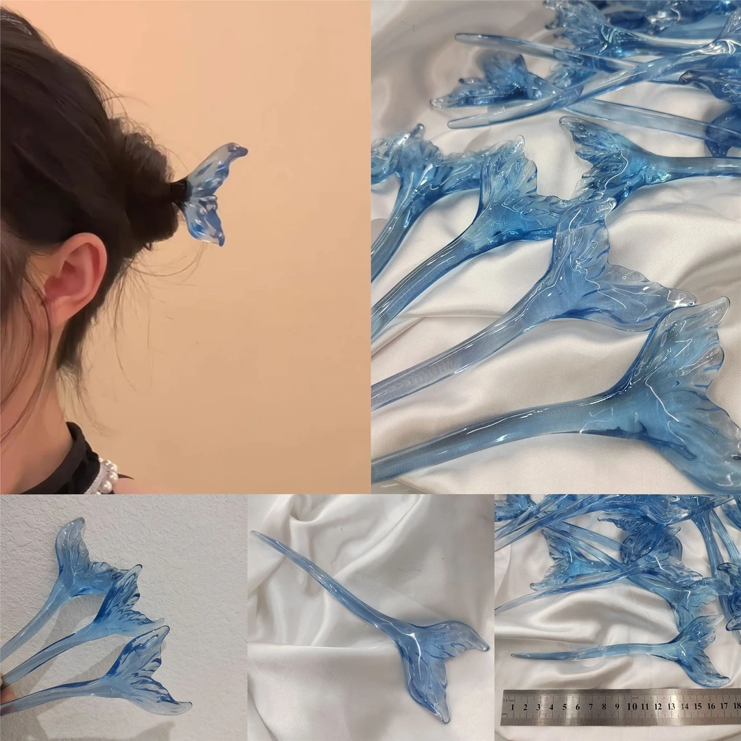 鱼尾发簪 深海的宝藏!设计师高级感古风旗袍新中式绝美蓝色鱼尾