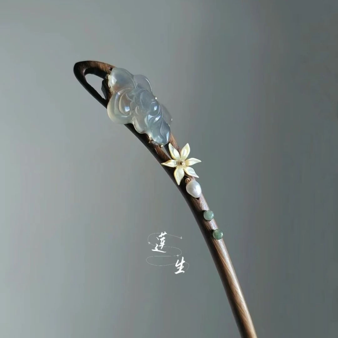 高级感国风莲花发簪女新中式民族风簪子檀木盘头发饰复古头