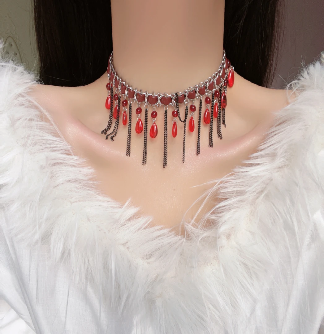 铜合金皮质项链 哥特风红水晶流苏皮革choker小众亚文化个性项链