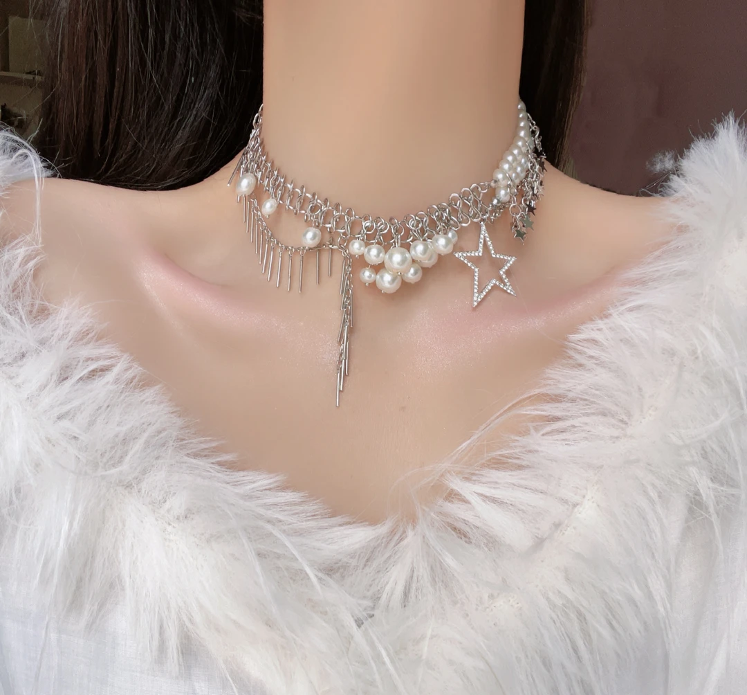 铜合金仿珍珠项链 串珠流苏五角星颈链项链甜酷辣妹百搭小众轻奢